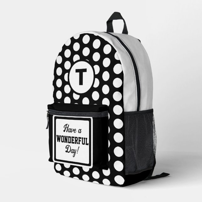Schwarz-weißer Polka-Dots-Monogramm-Kreis Bedruckter Rucksack (Rückseitige Ecke Rechts)