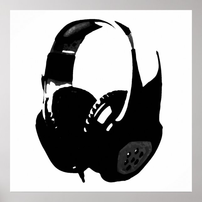 Schwarz-weißer Pop Art Headphone Poster (Vorne)