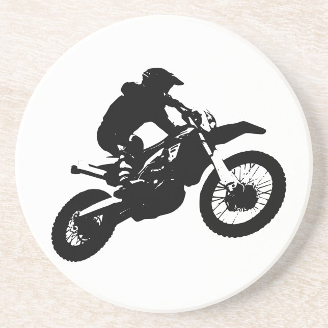 Schwarz-weißer Pop Art Motocross Motorradsport Sandstein Untersetzer (Vorne)