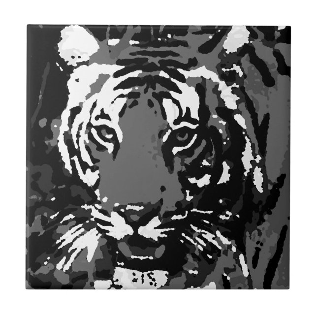 Schwarz-weißer Pop Art Tiger Fliese (Vorderseite)