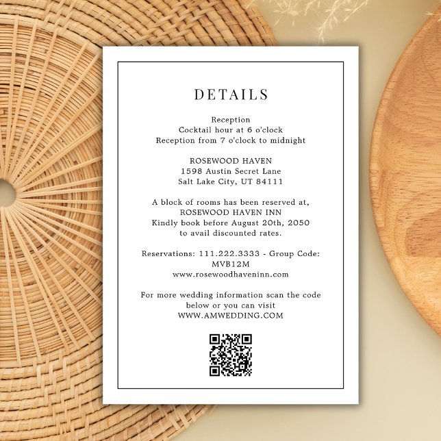 Schwarz-weißer Qr-Code Minimale Hochzeitdetails Begleitkarte (Von Creator hochgeladen)