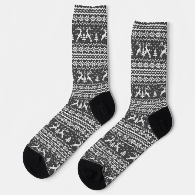 Schwarz-weißer Reindeer Sweater Weihnachten Socken (Linkes Detail)