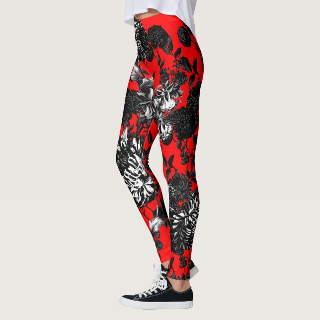 Schwarz-weißer roter BlumenToile Blumen-Garten Leggings (Links)