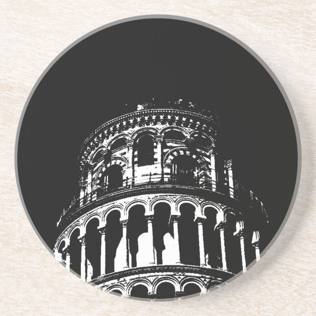 Schwarz-weißer Schießturm von Pisa Italien Sandstein Untersetzer (Vorne)
