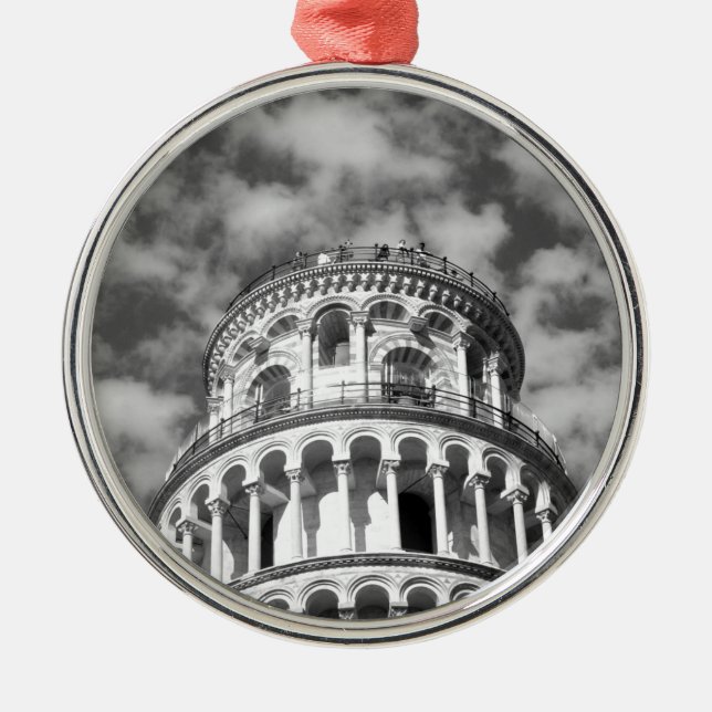Schwarz-weißer Schießturm von Pisa Italien Silbernes Ornament (Vorne)