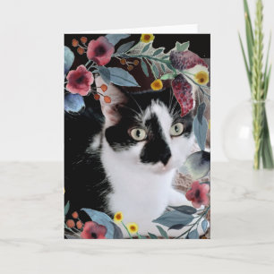 Schwarz-weißer Smoking-Katzen-Foto mit Blumen Karte
