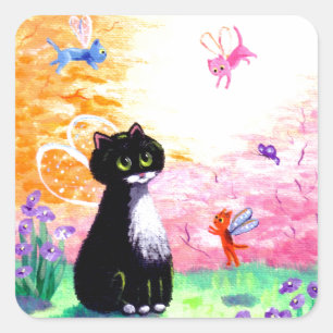 Schwarz-weißer Smokingkatzen-Feenkunst Creationart Quadratischer Aufkleber