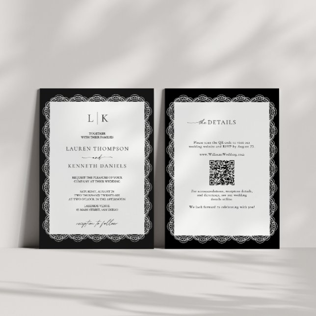 Schwarz-weißer Spitzenrahmen Monogramm QR-Code Hoc Einladung (Von Creator hochgeladen)