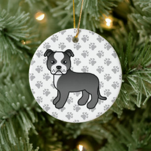 Schwarz-weißer Staffordshire Bull Terrier Hund Keramik Ornament