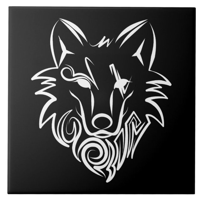 Schwarz-weißer Stammeswolf Fliese (Vorderseite)