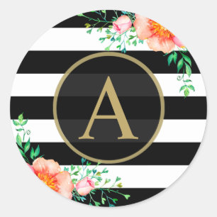 Schwarz-weißer Streifen aus Aquarellgoldmonogramm Runder Aufkleber