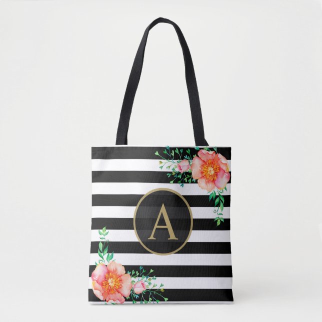 Schwarz-weißer Streifen aus Aquarellgoldmonogramm Tasche (Vorderseite)
