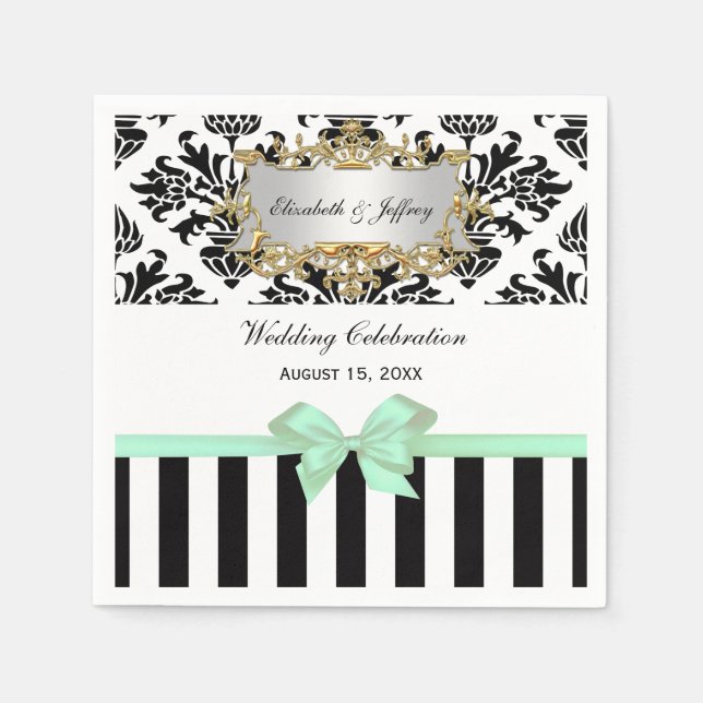 Schwarz-weißer Streifen Damask Minzband Serviette (Vorderseite)