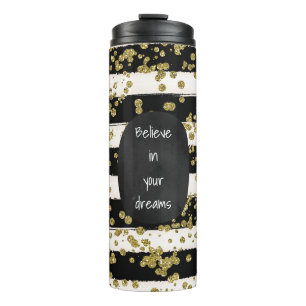 Schwarz-weißer Streifen-GoldConfetti Thermosbecher
