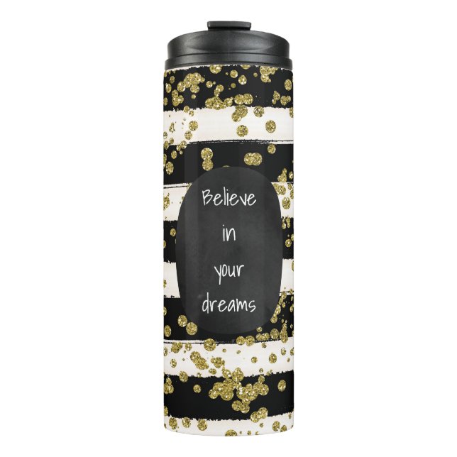 Schwarz-weißer Streifen-GoldConfetti Thermosbecher (Vorderseite)