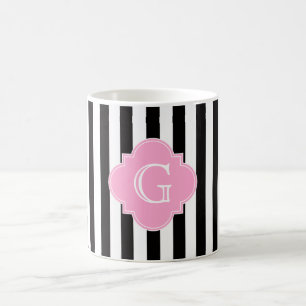 Schwarz-weißer Streifen, rosa Quatrefolienmonogram Kaffeetasse