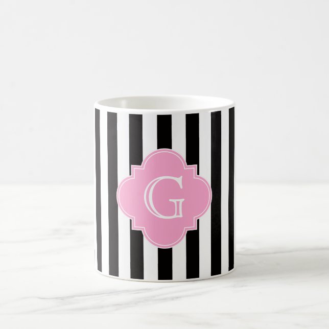Schwarz-weißer Streifen, rosa Quatrefolienmonogram Kaffeetasse (Mittel)