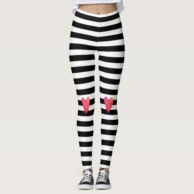 Schwarz-weißer Streifen Trendy Rosa Herzstück Vale Leggings (Vorderseite)