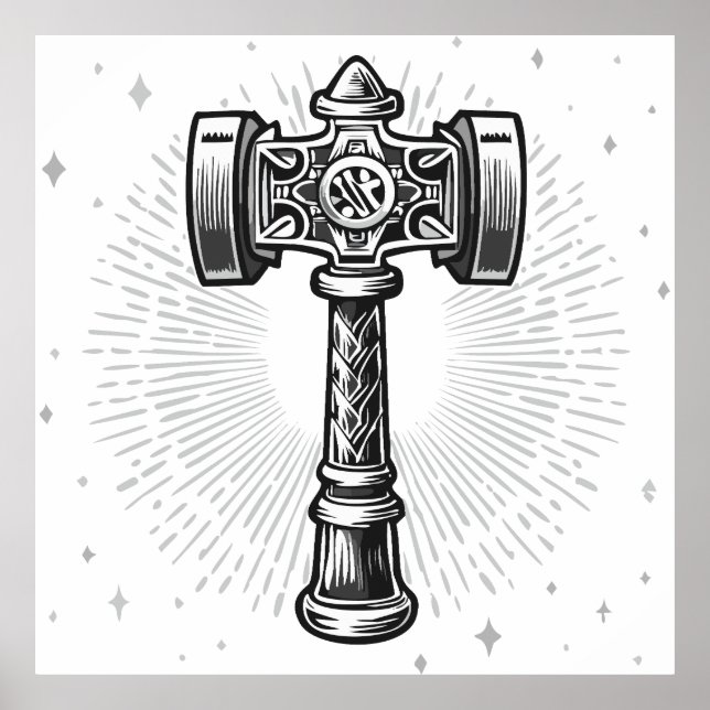 Schwarz-weißer Thors Hammer Mjolnir Poster (Vorne)