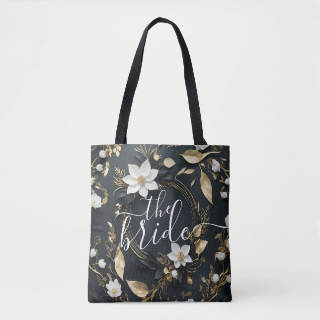 Schwarz-weißer und goldener Blumenreath Hochzeit d Tasche (Vorderseite)
