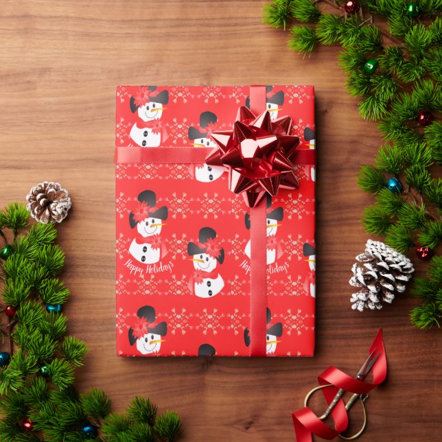 Schwarz-weißer und Red Happy Holidays Snowman Geschenkpapier (Feiertagsgeschenk)
