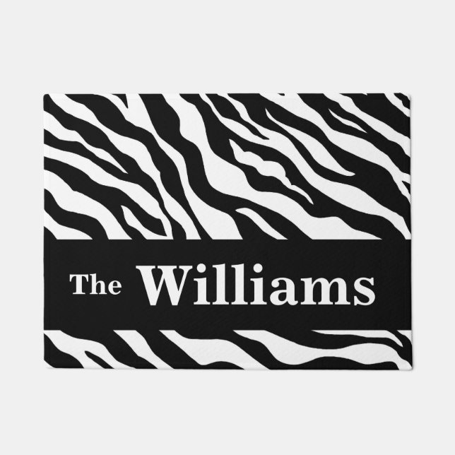Schwarz-weißer Zebra-Skin-Muster Name Personalisie Fußmatte (Vorderseite)