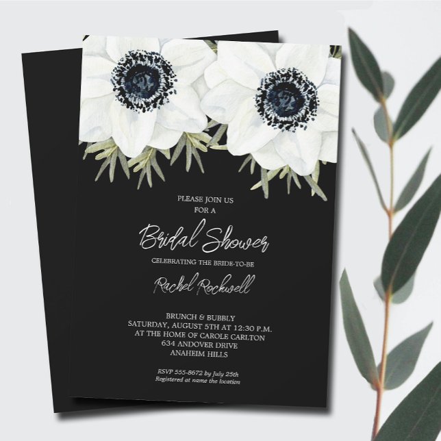 Schwarz-weißes Anemones Brautparty Einladung (Black White Flowers Bridal Shower Invitations - INSTANT DOWNLOAD and/or PRINTED)
