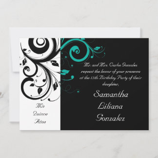 Schwarz-weißes Aqua Swirl Quinceñera Einladungen