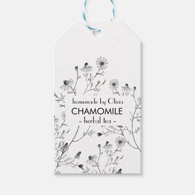 Schwarz-weißes Aquarell Chamomile Tee Geschenkanhänger (Vorderseite)