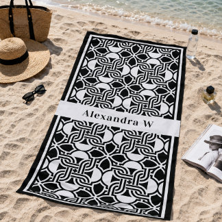Schwarz-weißes Art Deco Muster Monogramm Strandtuch