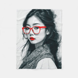 Schwarz-weißes asiatisches Portrait Rote Lippen un Fleecedecke