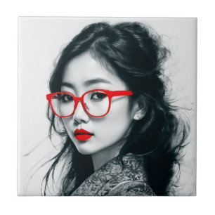 Schwarz-weißes asiatisches Portrait Rote Lippen un Fliese
