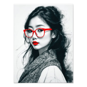 Schwarz-weißes asiatisches Portrait Rote Lippen un Fotodruck