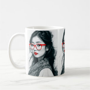 Schwarz-weißes asiatisches Portrait Rote Lippen un Kaffeetasse
