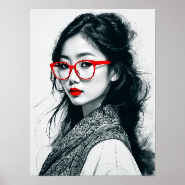 Schwarz-weißes asiatisches Portrait Rote Lippen un Poster (Vorne)