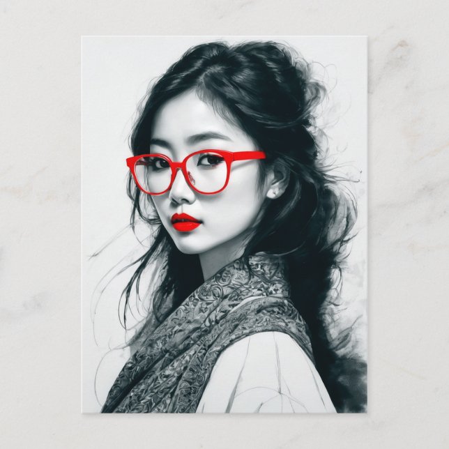 Schwarz-weißes asiatisches Portrait Rote Lippen un Postkarte (Vorderseite)