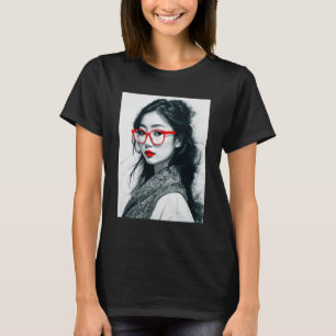 Schwarz-weißes asiatisches Portrait Rote Lippen un T-Shirt