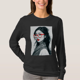 Schwarz-weißes asiatisches Portrait Rote Lippen un T-Shirt