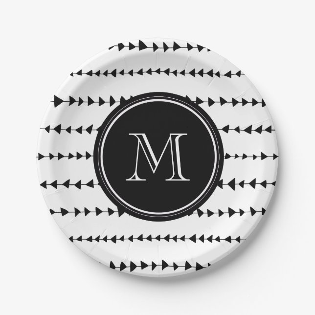 Schwarz-weißes aztekisches Pfeil-Monogramm Pappteller (Vorderseite)