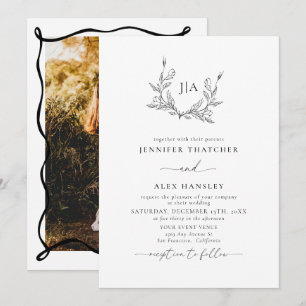 Schwarz-weißes Blatt   Monogramm-Foto-Hochzeit Einladung