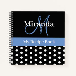 Schwarz-weißes blaues Monogramm Polka Dot Rezept Notizbuch