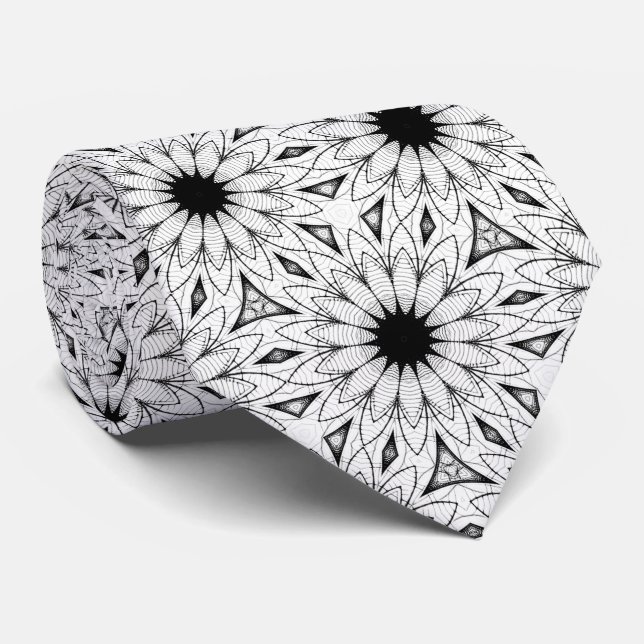Schwarz-weißes Blumen-Mandala-Muster Krawatte (Gerollt)