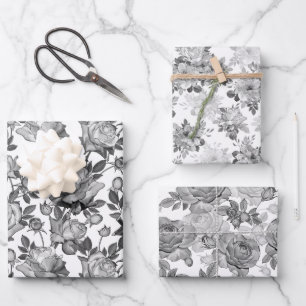 Schwarz-weißes Blumen-Rosen-Geschenkpapier-Set aus Geschenkpapier Set