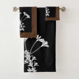 Schwarz-weißes Blumenbrown-Trimm-Set Badhandtuch Set