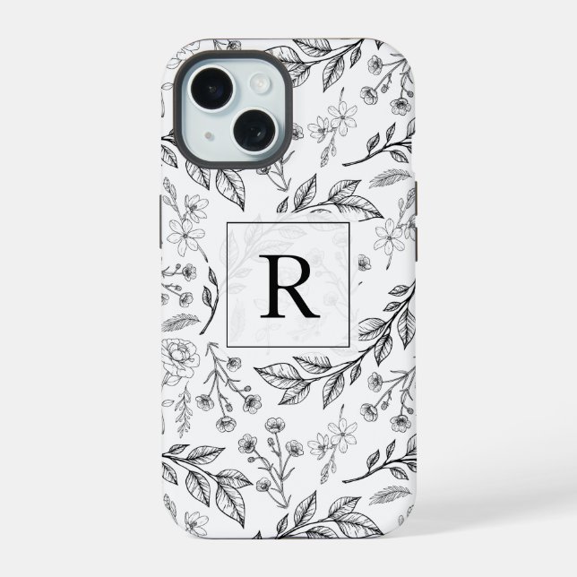 Schwarz-weißes Blumenmonogramm  iPhone 15 Hülle (Rückseite)
