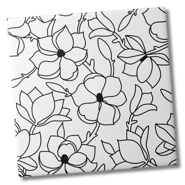 Schwarz-weißes Blumenmuster Fliese (Whimsical Chic Black White Floral Ceramic Tile)