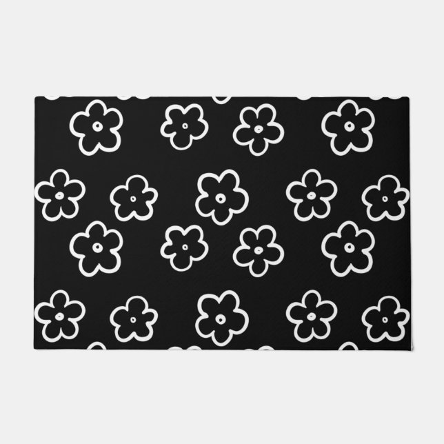 Schwarz-weißes Blumenmuster Fußmatte (Vorderseite)