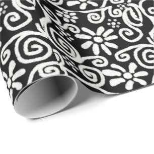 Schwarz-weißes Blumenmuster und Wirbel Blume Blume Geschenkpapier