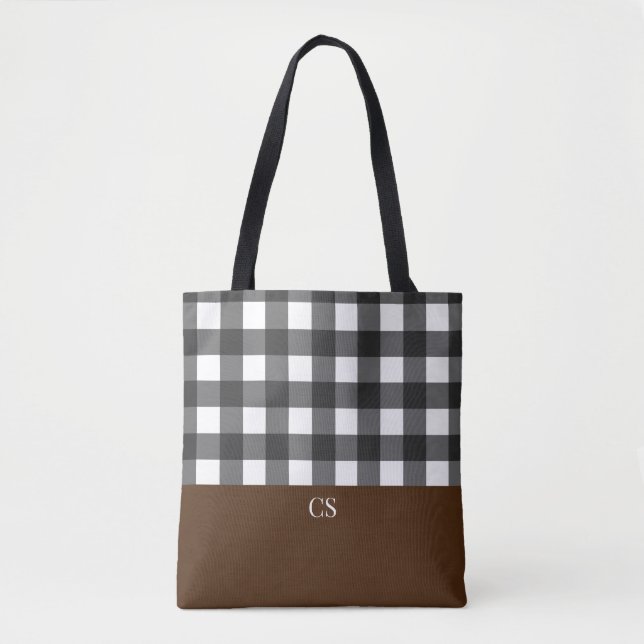 Schwarz-weißes Buffalo Kariert mit Monogramm Tasche (Vorderseite)