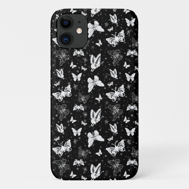 Schwarz-weißes Butterfly-Illustrations-Muster Case-Mate iPhone Hülle (Rückseite)